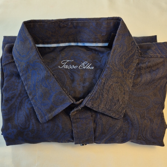 Tasso Elba Men's Vibrant Blue and Black Paisley Button Down Long Sleeve Shirt - Picture 15 of 16